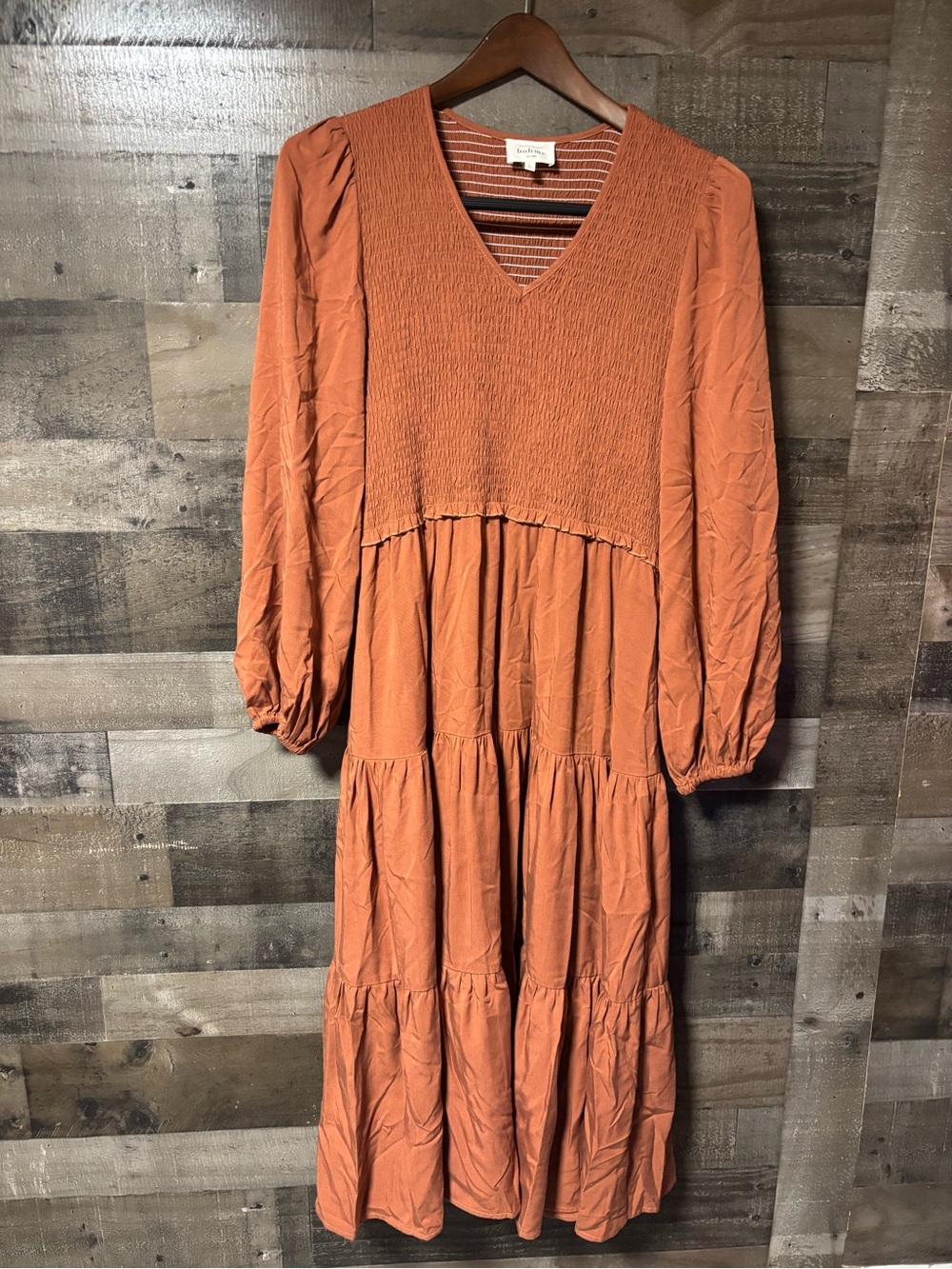bohme Rust V-Neck Long Sleeve Tiered MIDI Dress Prairie fairy L